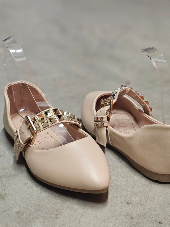 Shoes - Studded Metallic Strap Beige Pointed-Toe Flats For Girls - Comfortable & Stylish
